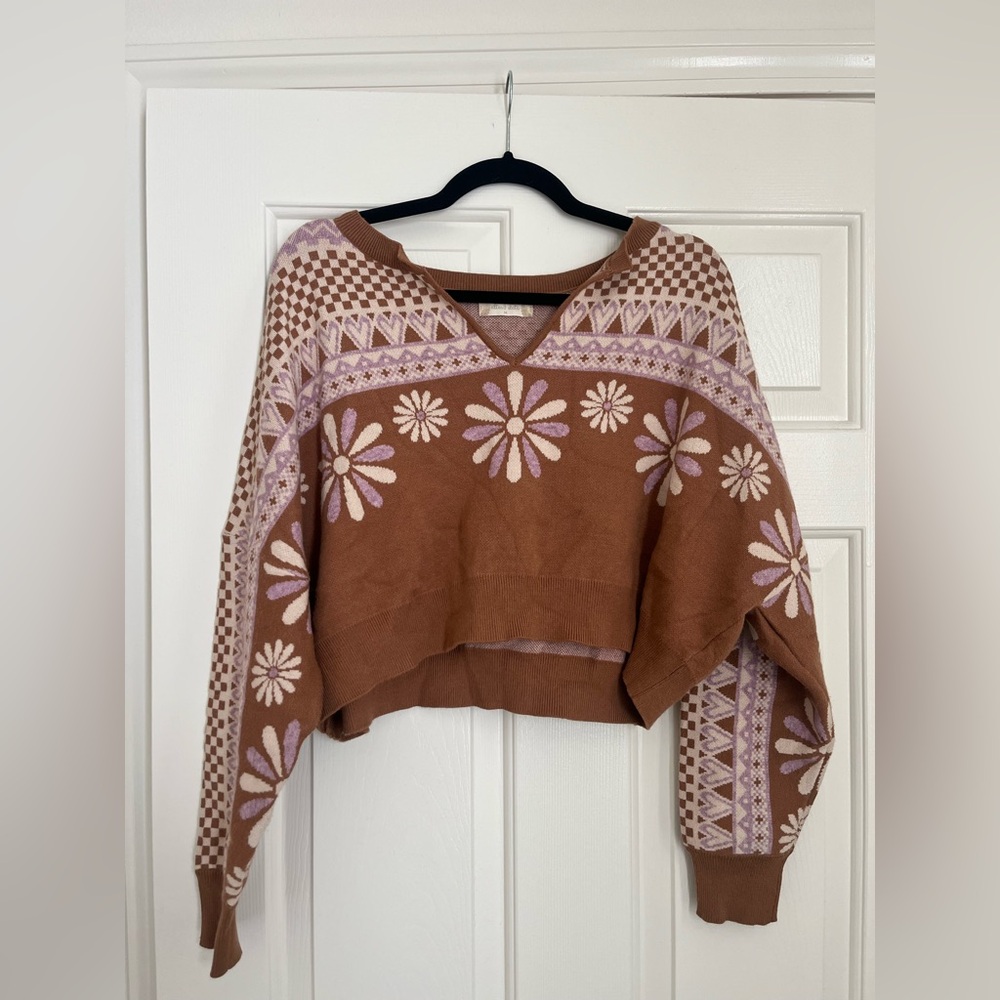 Altar'd State Brown and Lilac Floral V-Neck Sweater
